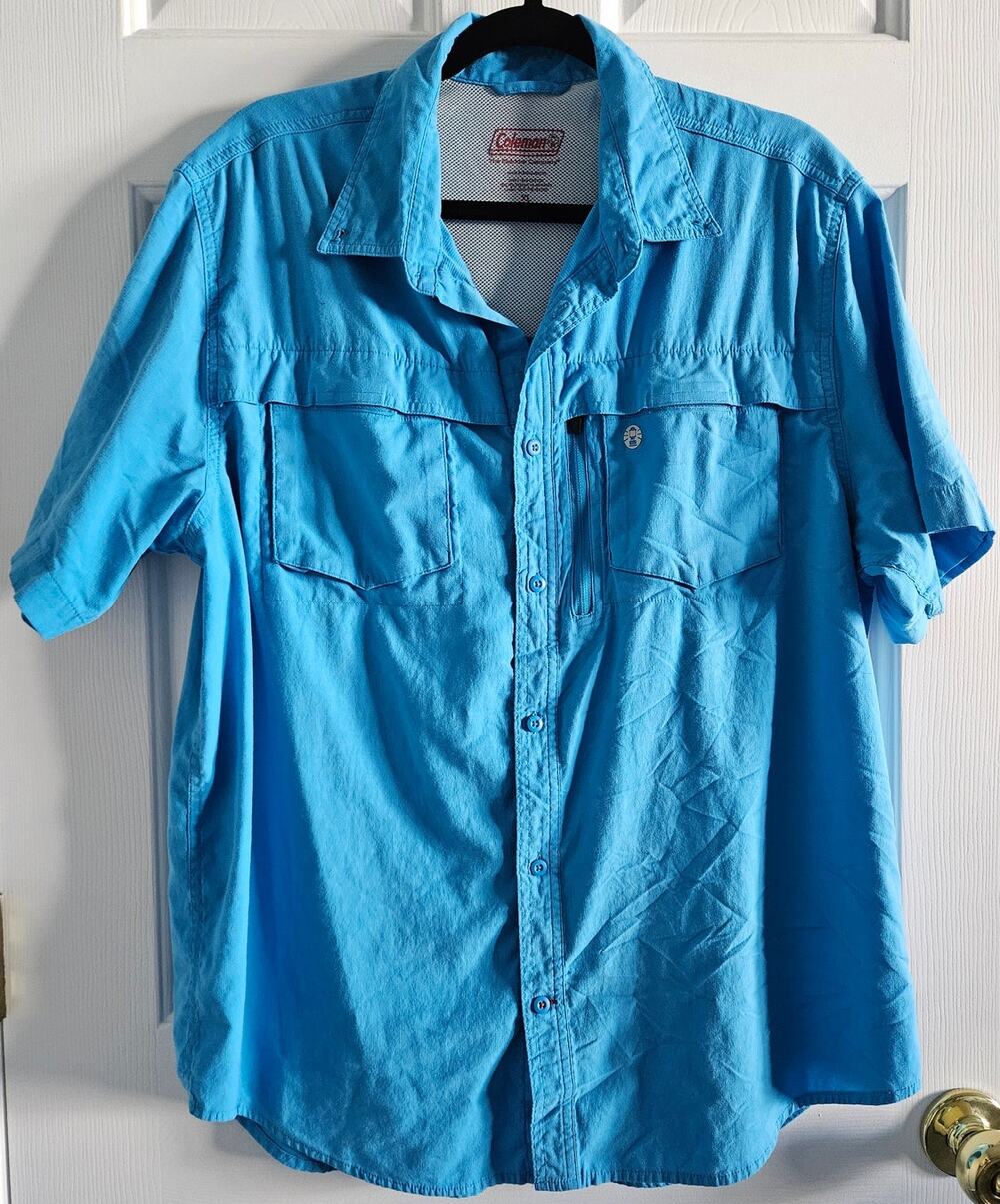 Men's Coleman Shirt Size XL Blue Short Sleeve Outdoor Camping Fishing Hiking